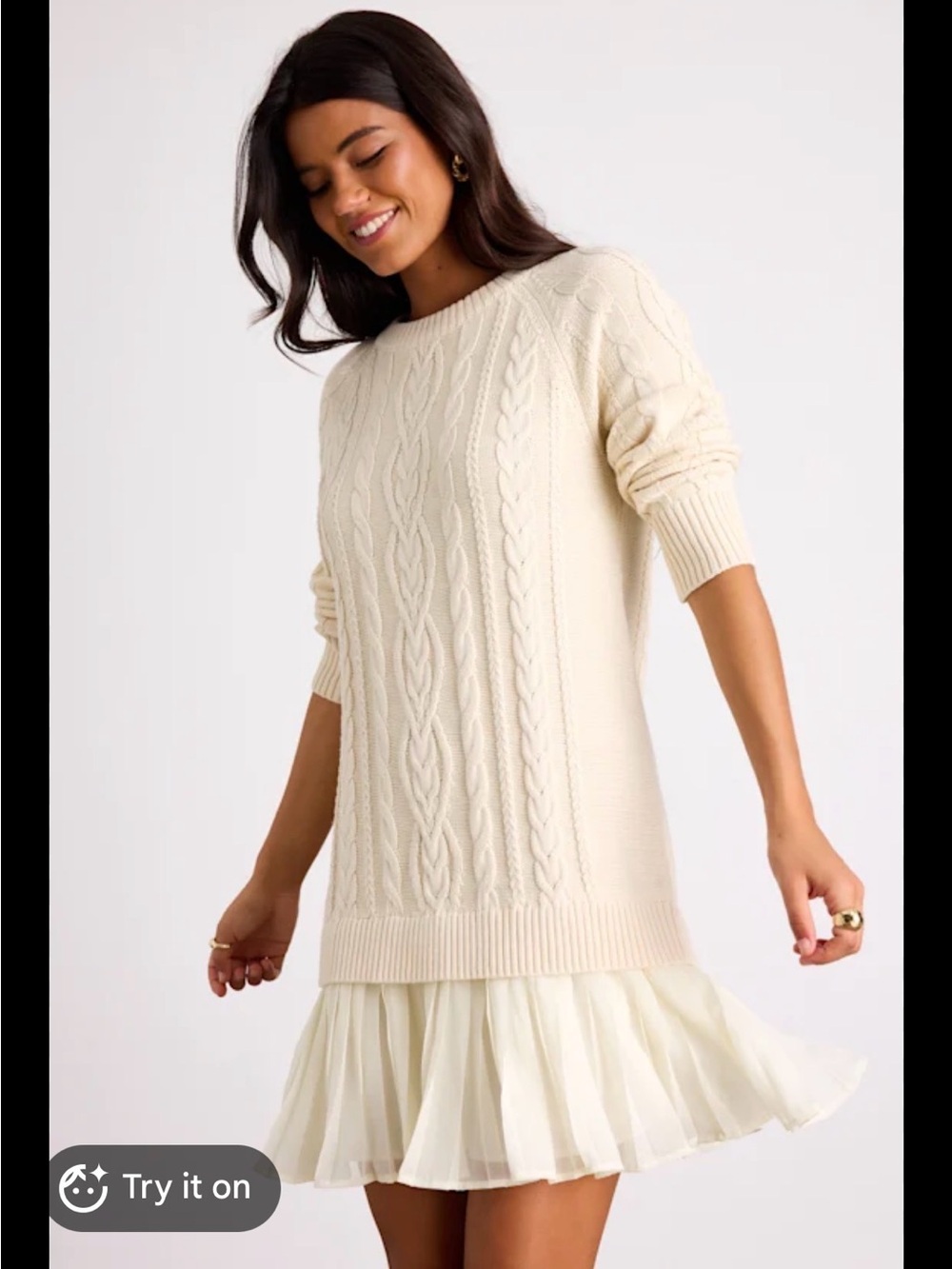 Cream Cable-Knit Dress with Pleated Hem